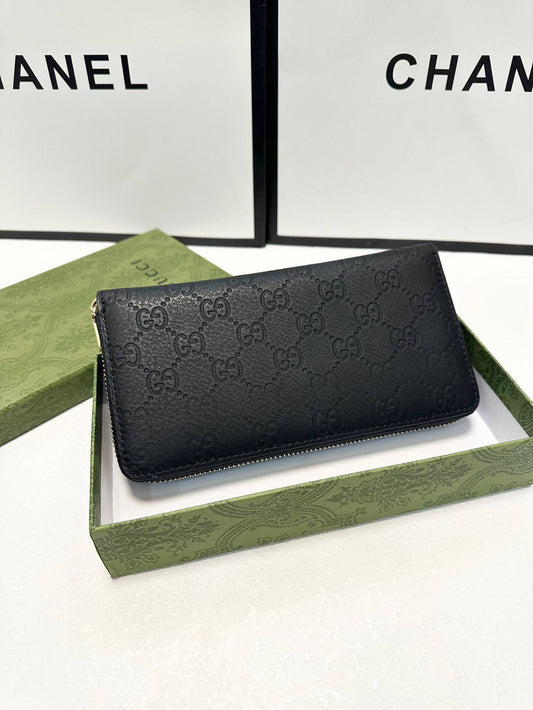 Black Textured Embossed Zip Long Wallet