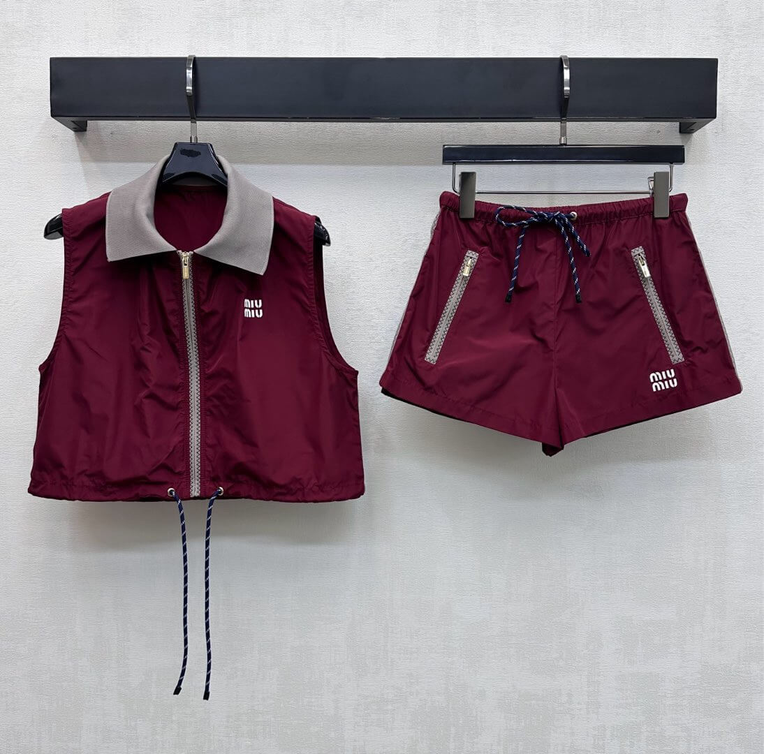 Burgundy Nylon Casual Sports Matching Set