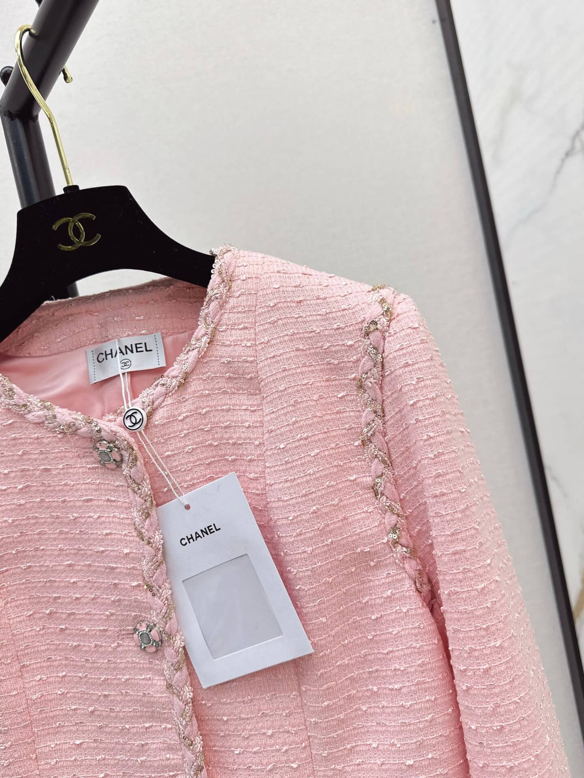 Trim Detail Pink Tweed Top