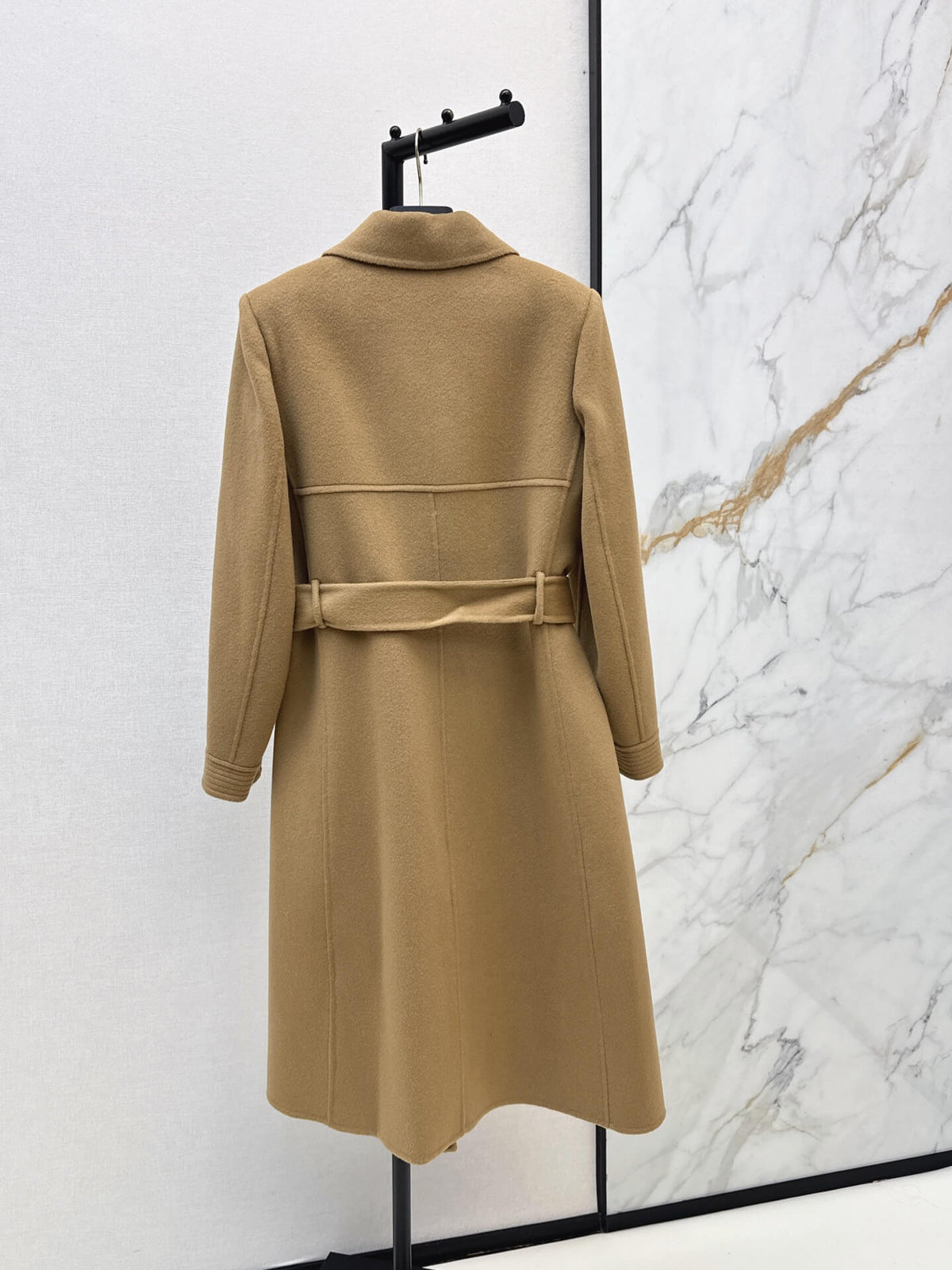 V Detail Belted Collared Wool Coat