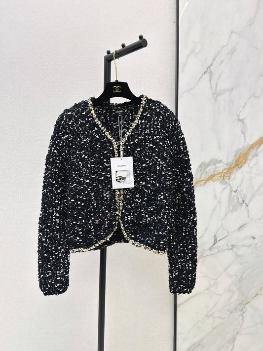 Black Tweed Gold Trim V-Neck Jacket