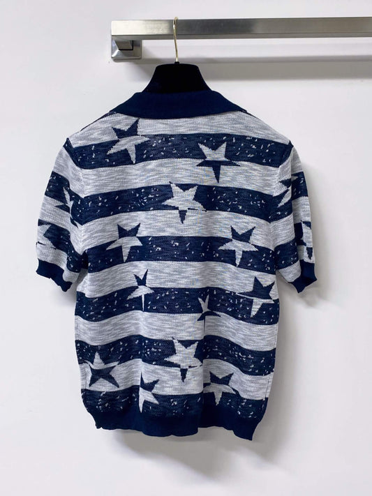 Star Jacquard Striped Knit Polo Top