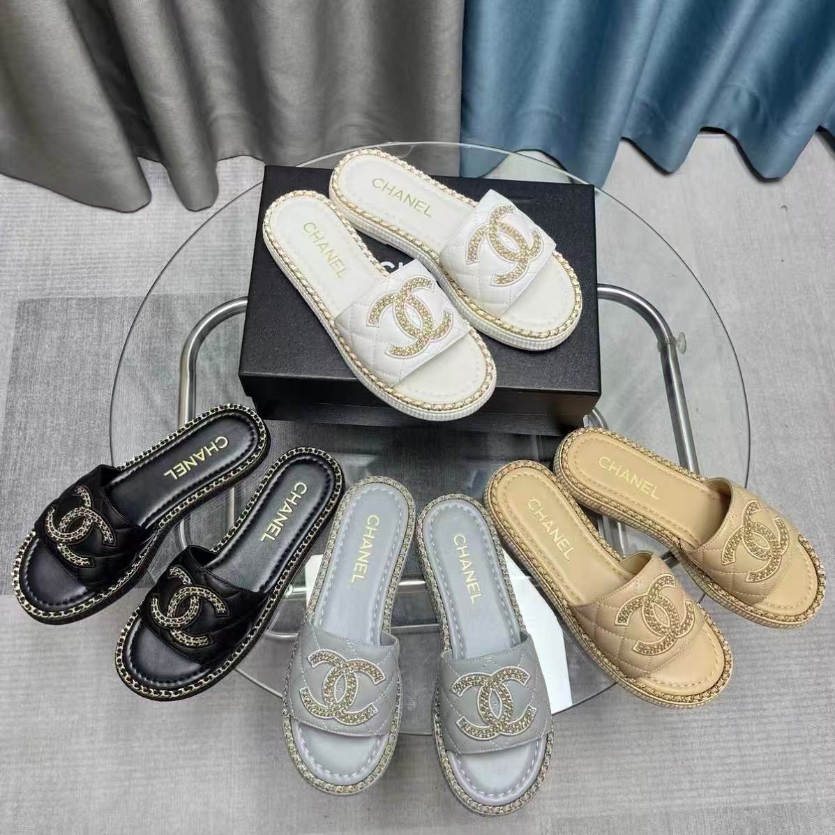 Chain-Trim Leather Slide Sandals