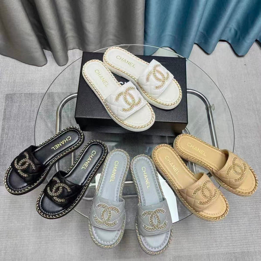 Chain-Trim Leather Slide Sandals