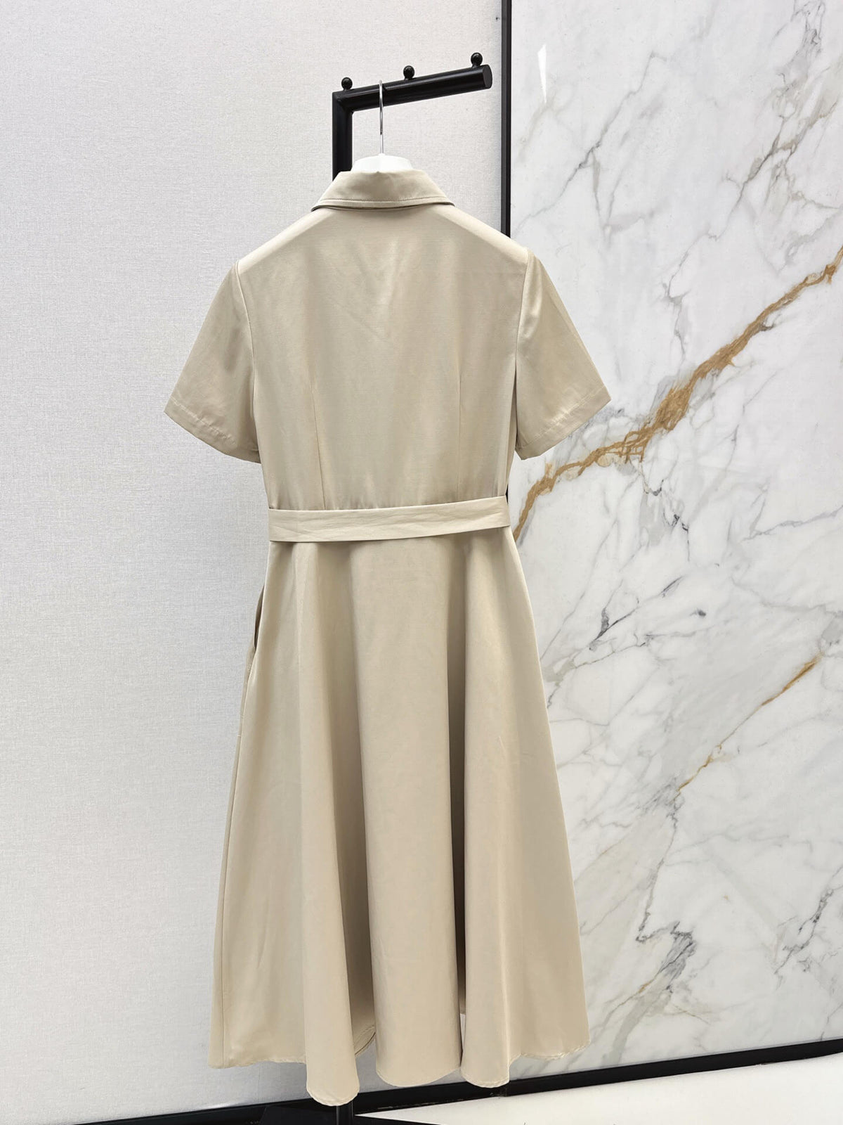 Lapel Short Sleeve Pocket Waist Tie Dress