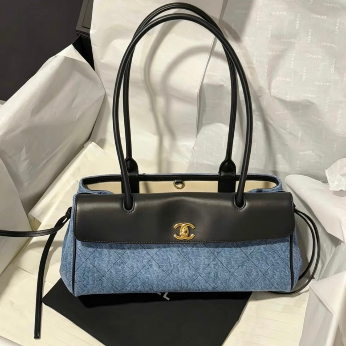 Denim and Leather Baguette Bag