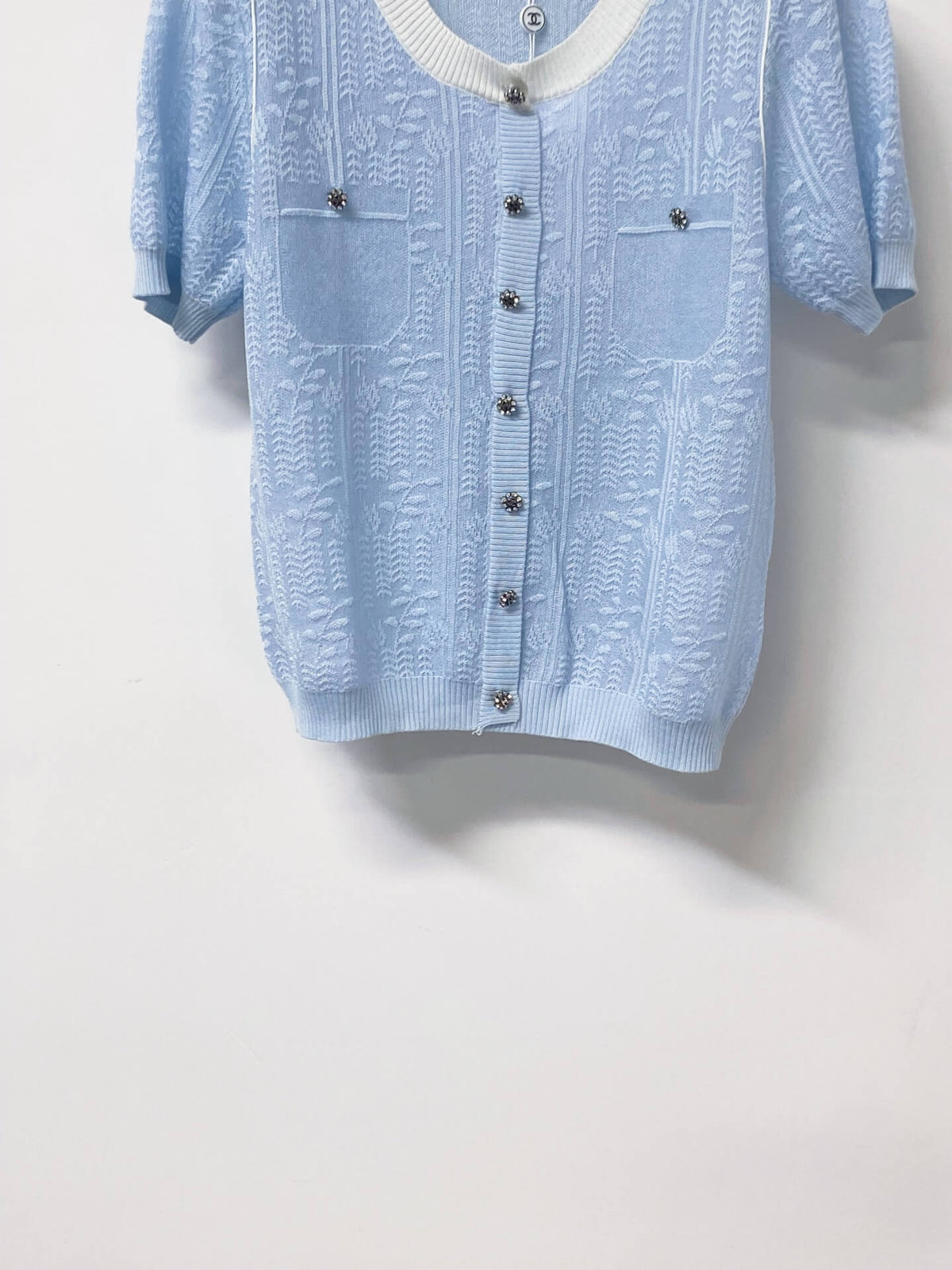 Jacquard V-Neck Short Sleeve Knit Cardigan