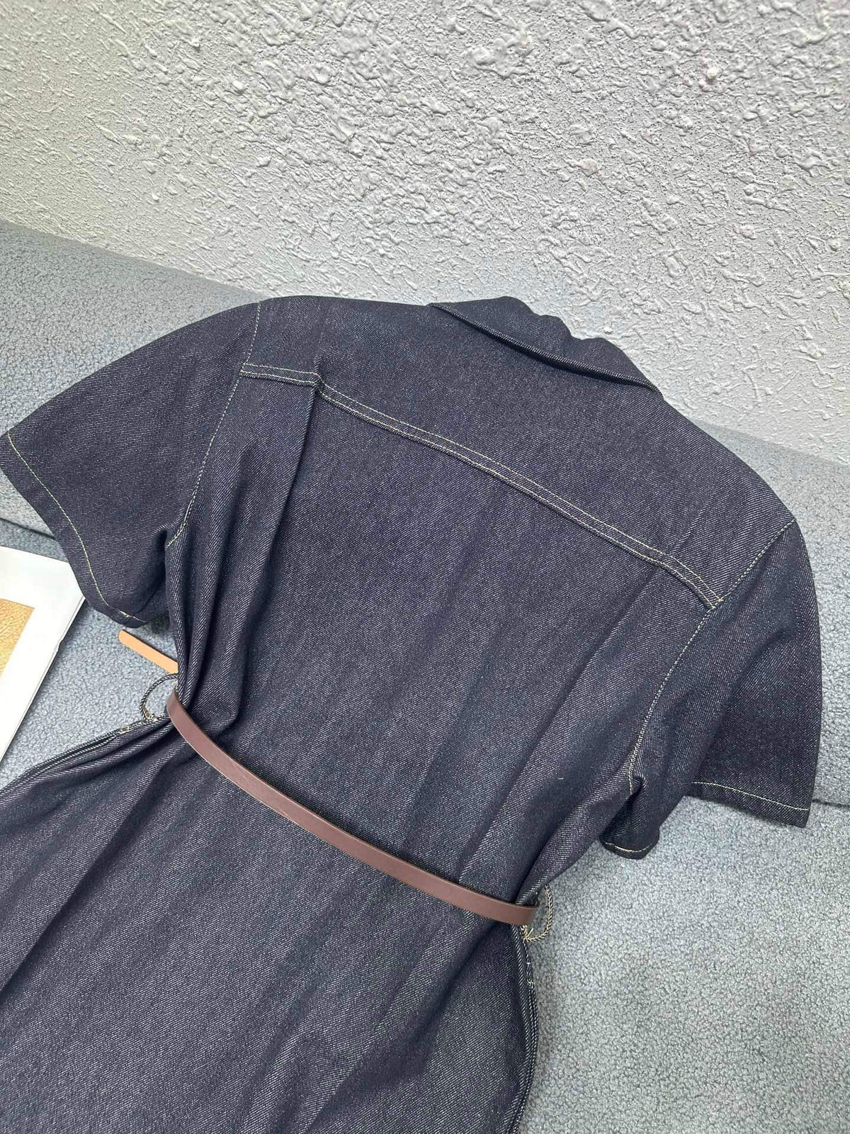 Belted Stitch Detail Denim Shirtdress