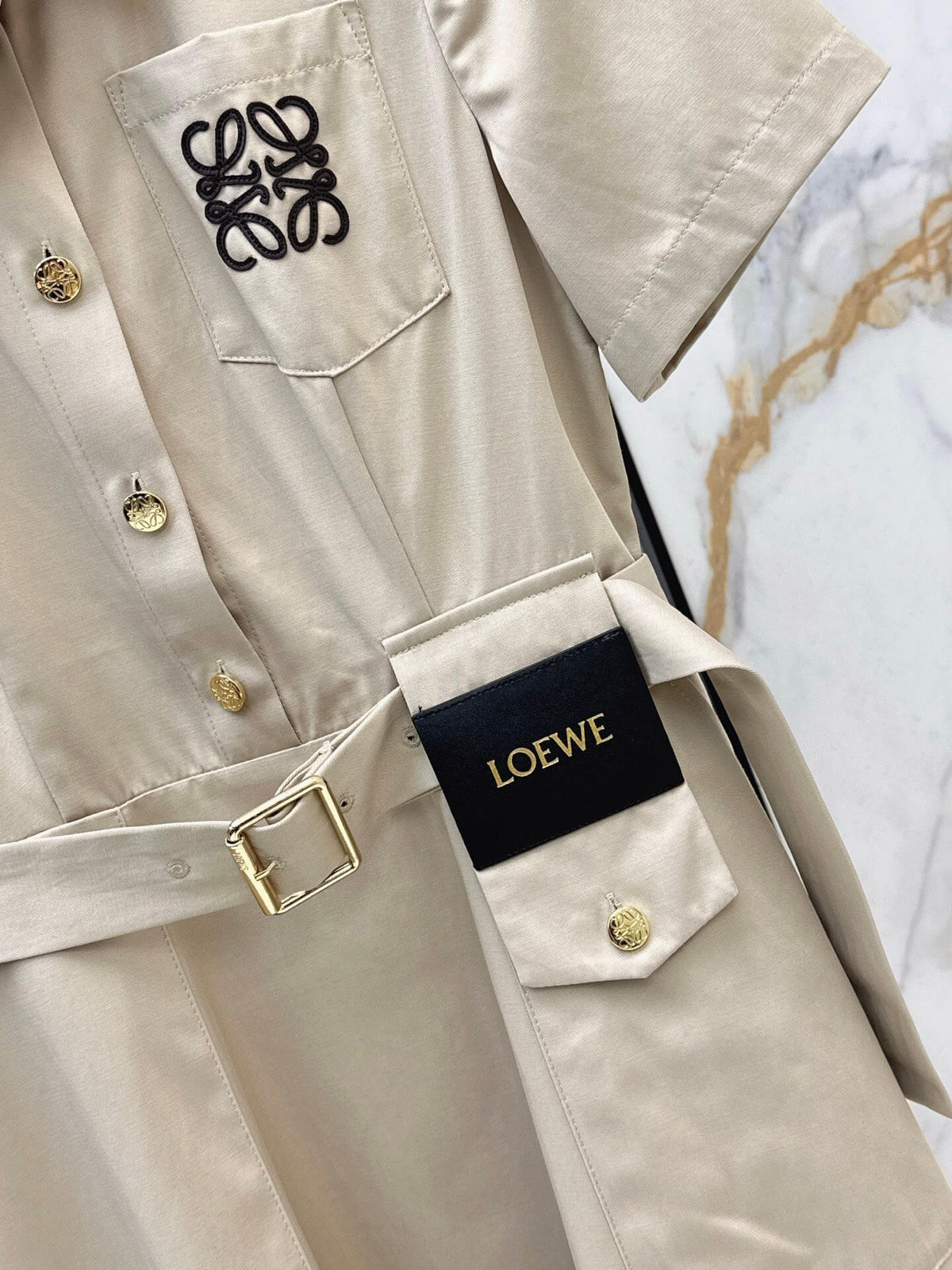 Lapel Short Sleeve Pocket Waist Tie Dress