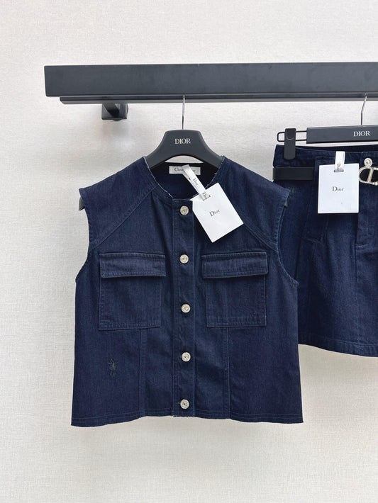 Dark Denim Vest Belted Skirt Set