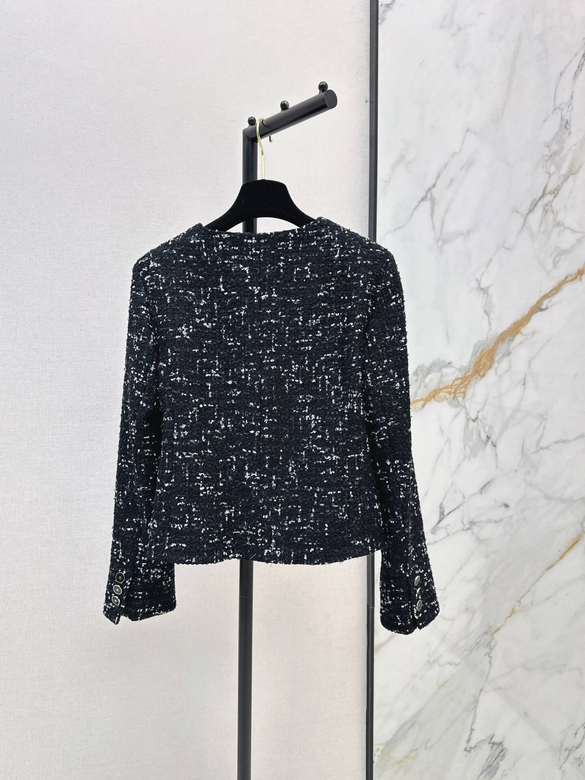Black Silver Tweed Round Neck Jacket