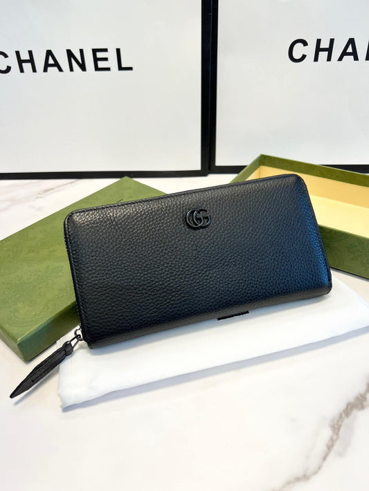 Black Grained Leather Logo Long Zip Wallet
