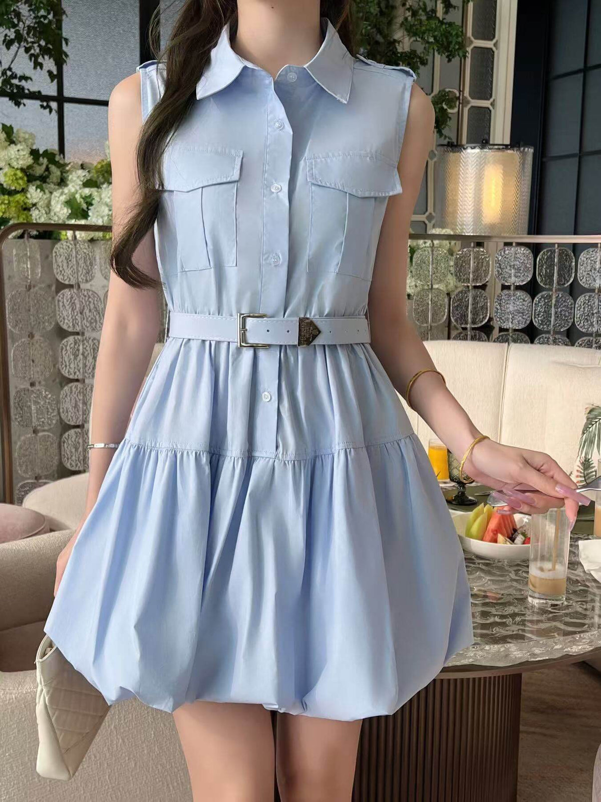 Epaulet Belted Sleeveless Shirt Mini Dress