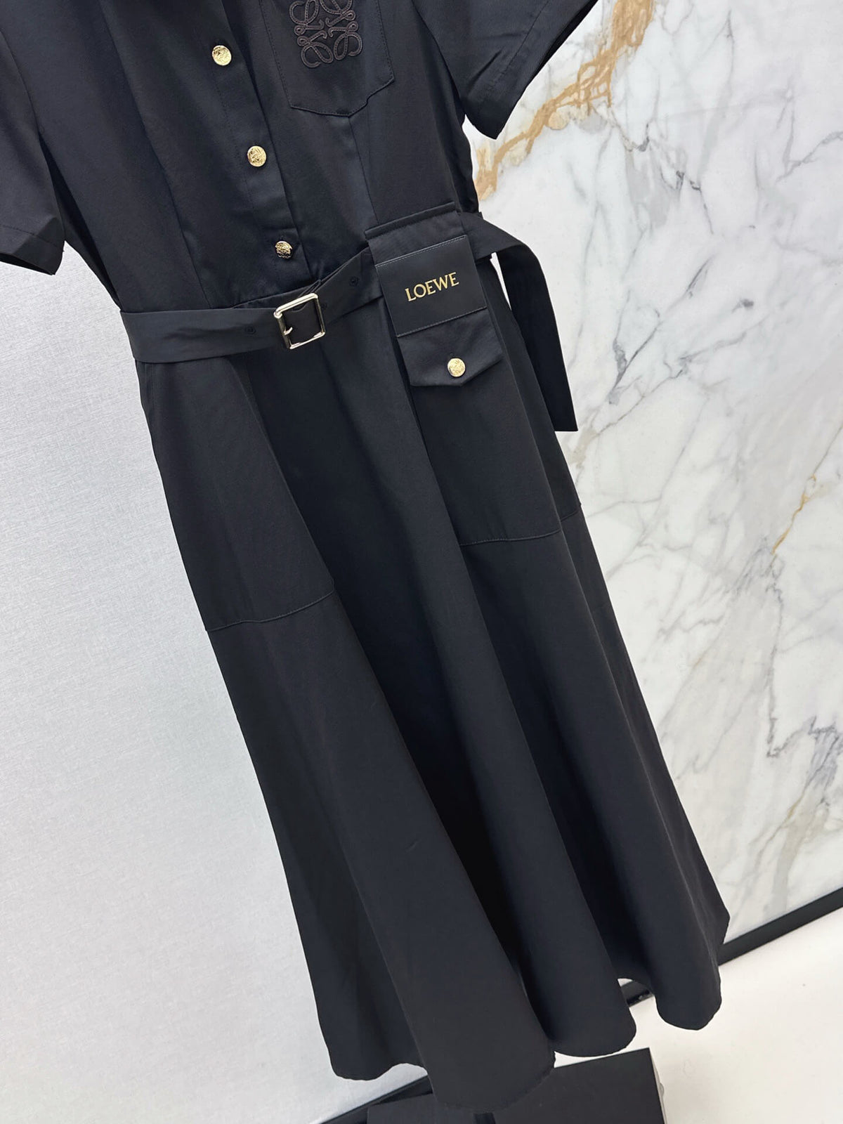 Lapel Short Sleeve Pocket Waist Tie Dress