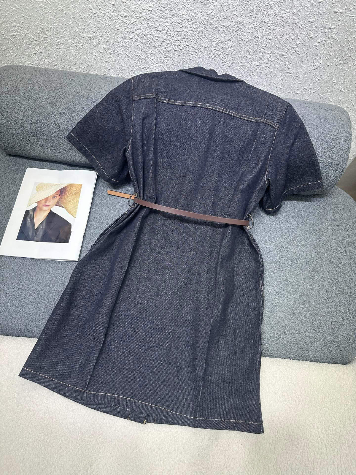Belted Stitch Detail Denim Shirtdress