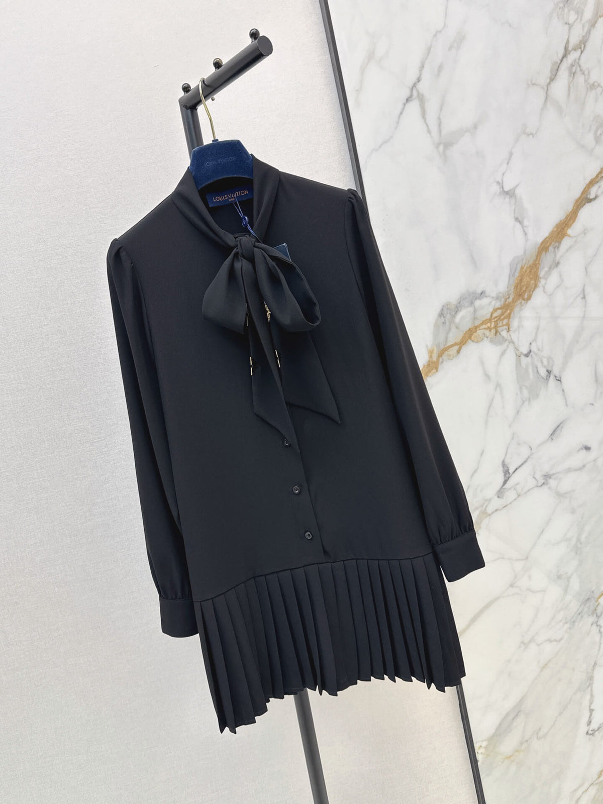 Black Bow Tie Pleated Shirt Dress