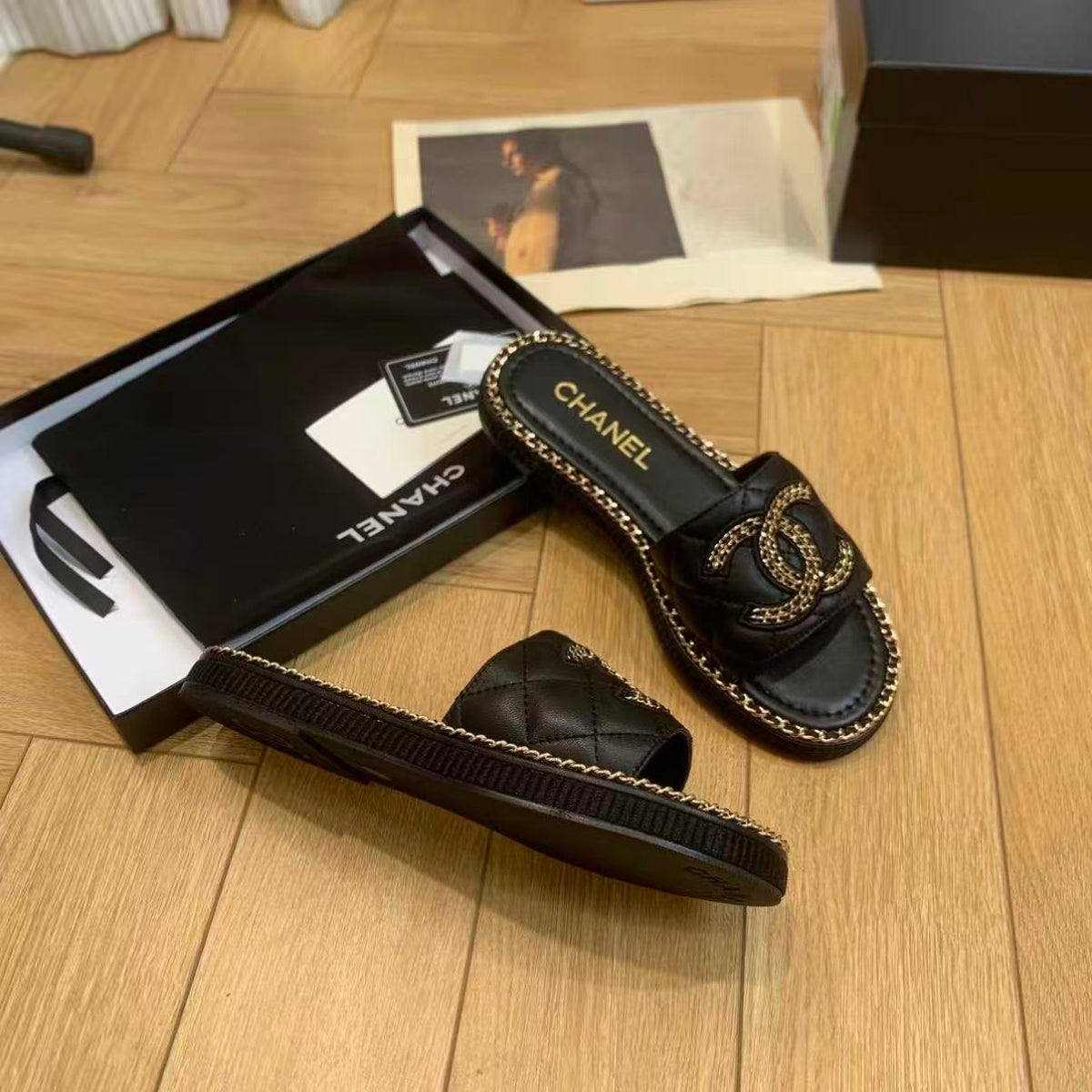 Chain-Trim Leather Slide Sandals