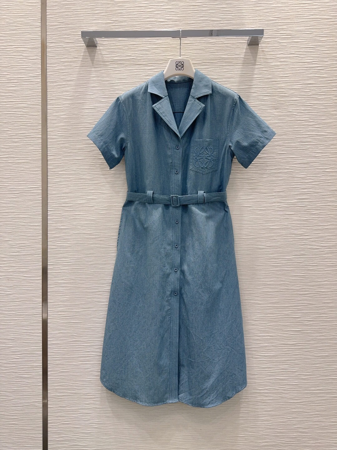 Anagram Embroidery Belted Denim Midi Dress