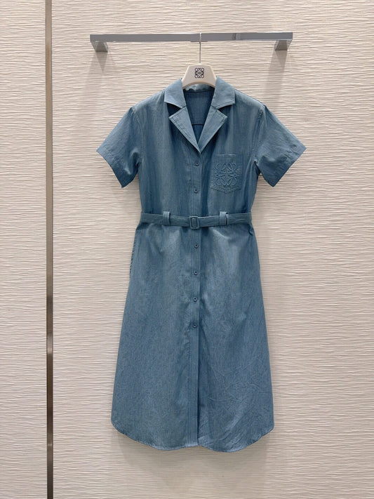 Anagram Embroidery Belted Denim Midi Dress