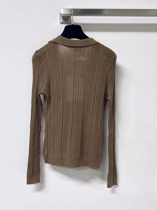 Polo V-Neck Rib Knit Long Sleeve Top