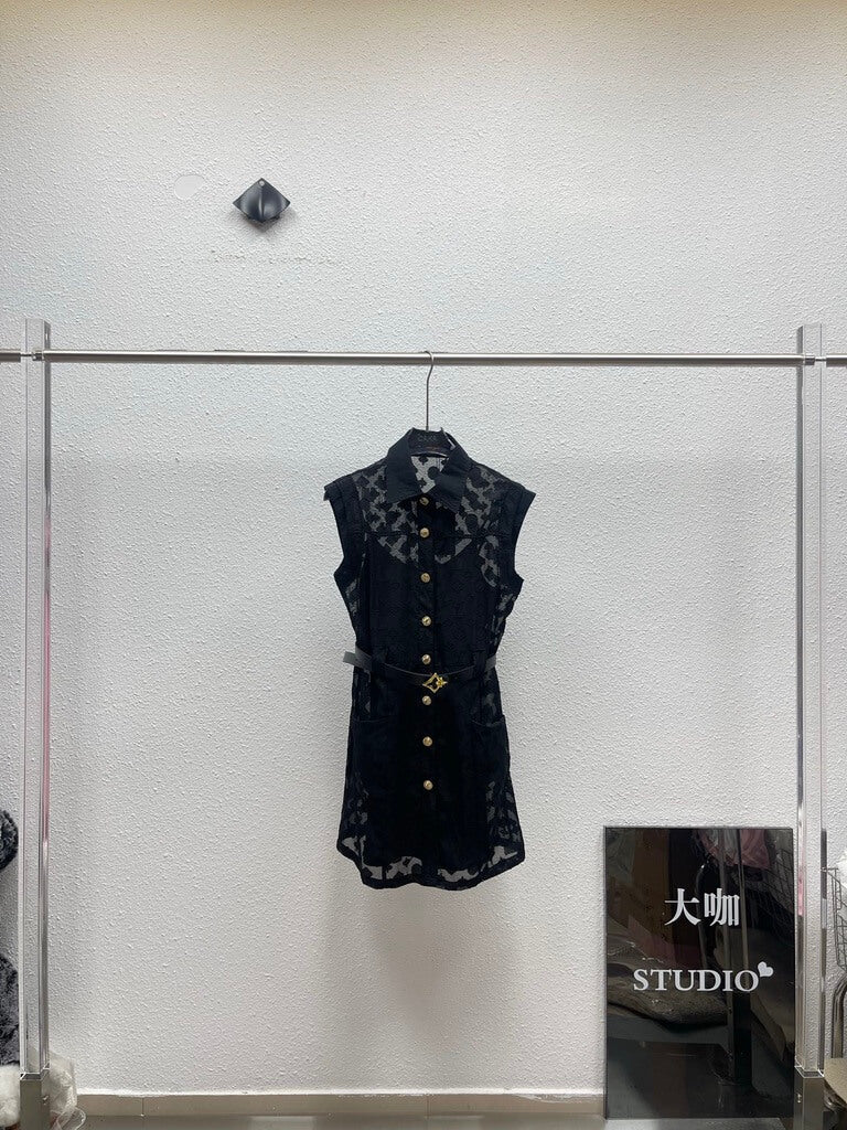 Belted Sleeveless Lace Overlay Dress
