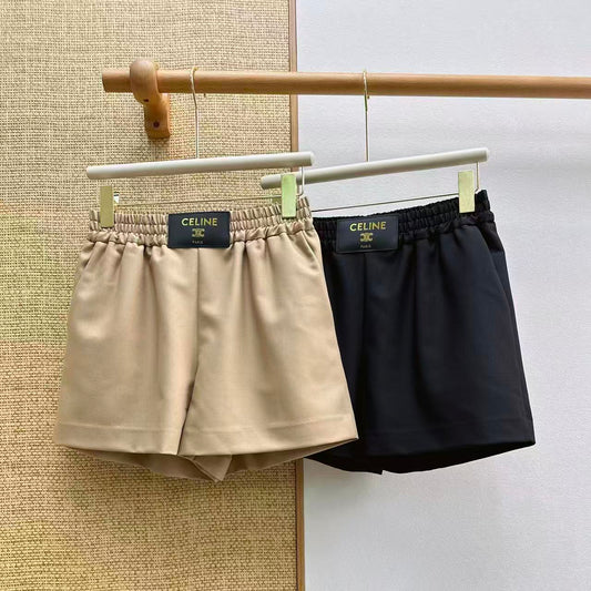 Leather Patch Elastic Waist Shorts