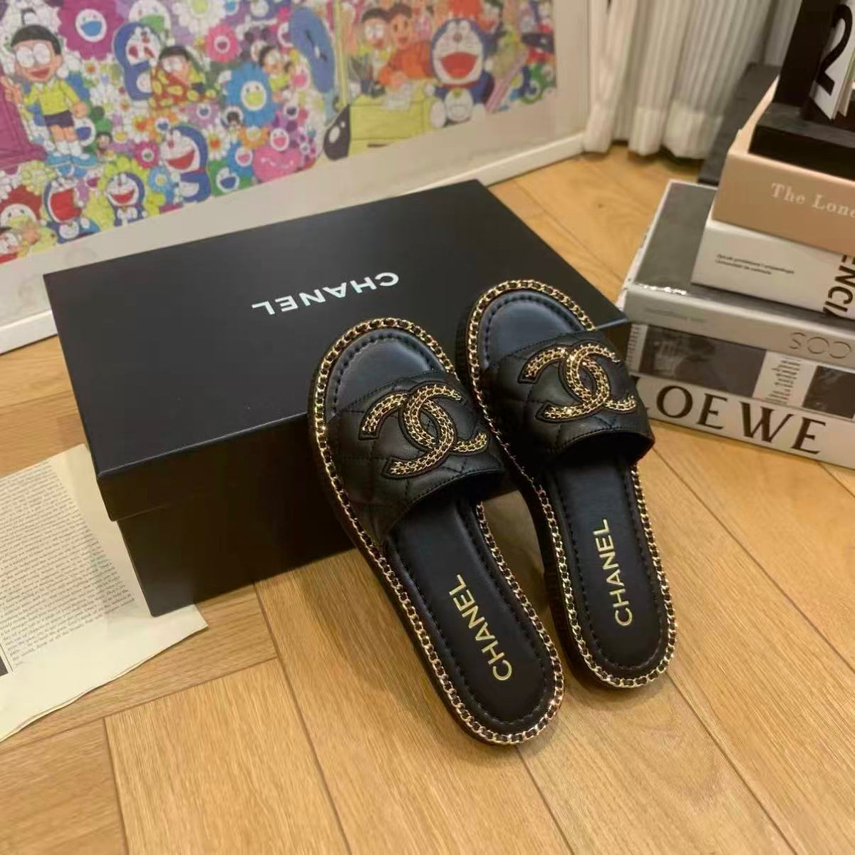 Chain-Trim Leather Slide Sandals