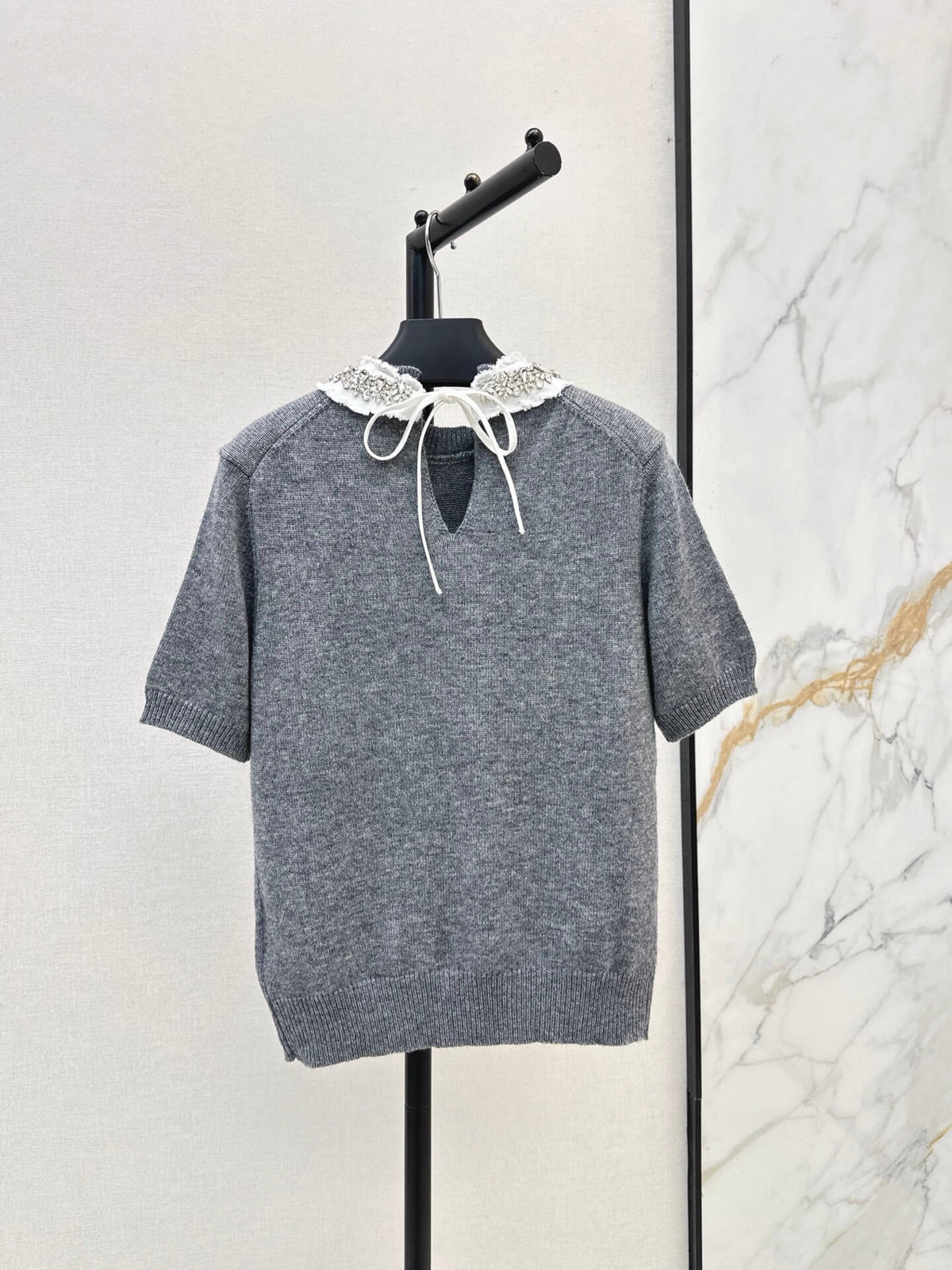 Beaded Collar Short Sleeve Knit Top
