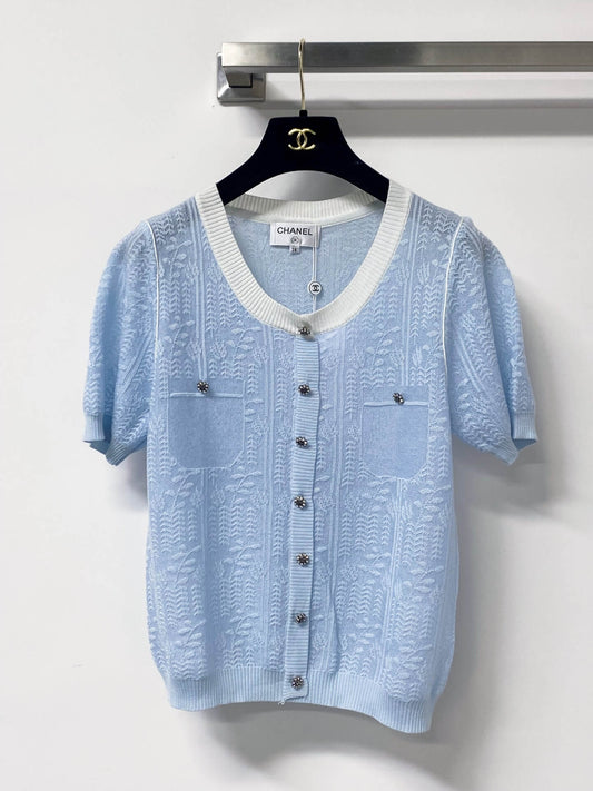 Jacquard V-Neck Short Sleeve Knit Cardigan