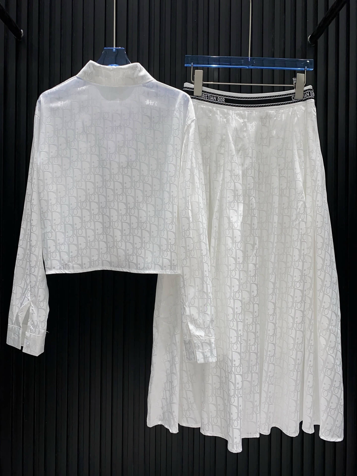 Oblique Print Cropped Long Shirt Midi Skirt Set