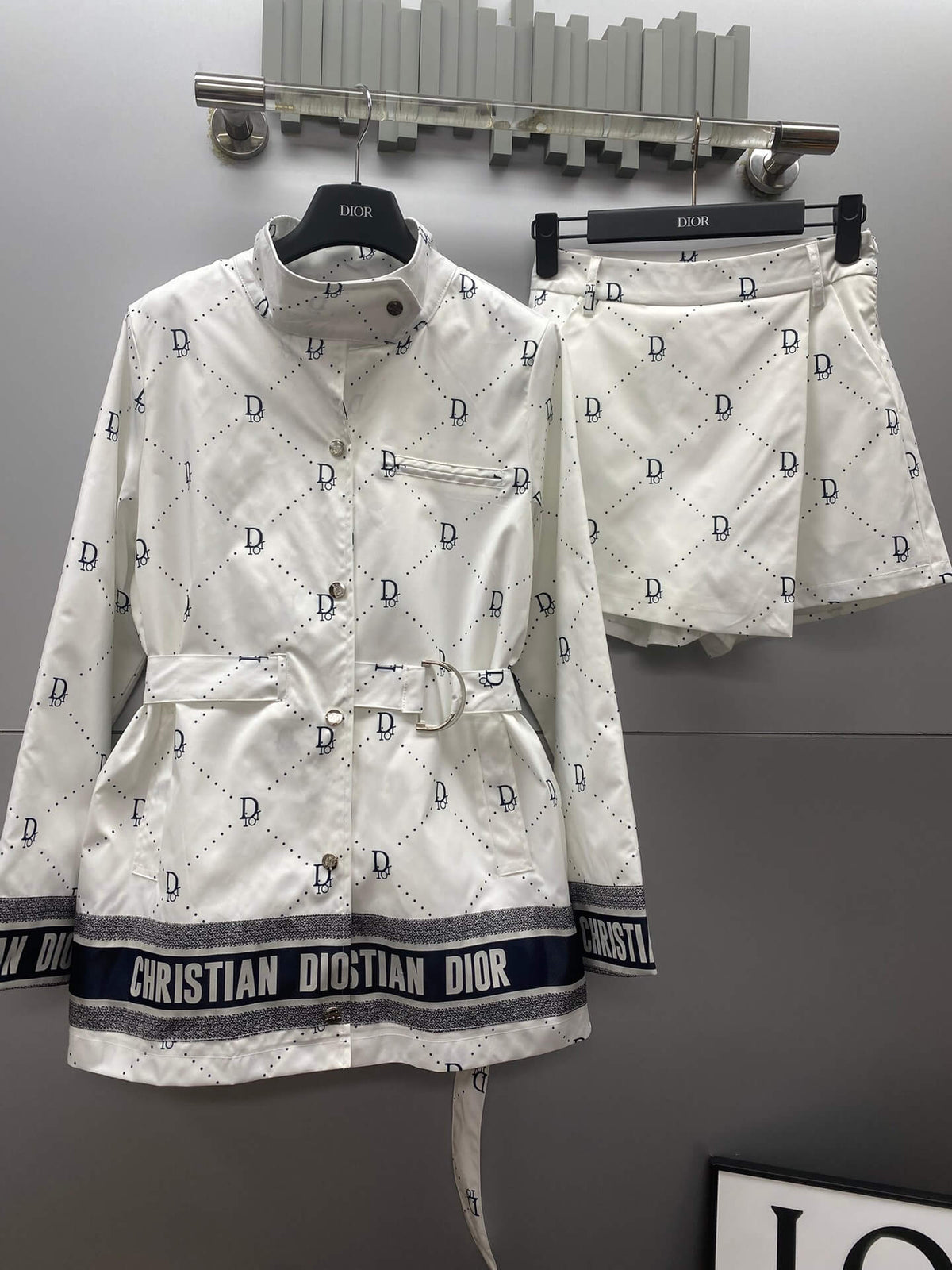 All Over Letter Print Stand Collar Jacket Skort Set