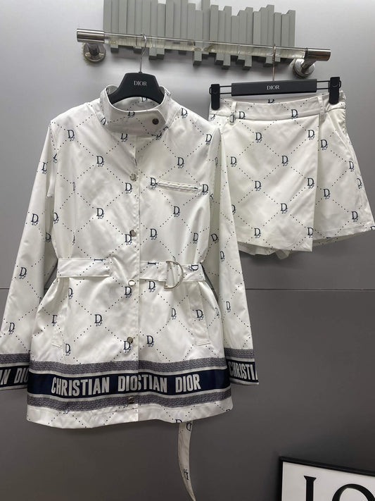 All Over Letter Print Stand Collar Jacket Skort Set