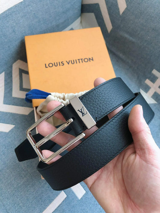 Grained Leather Belt with Metal Accents