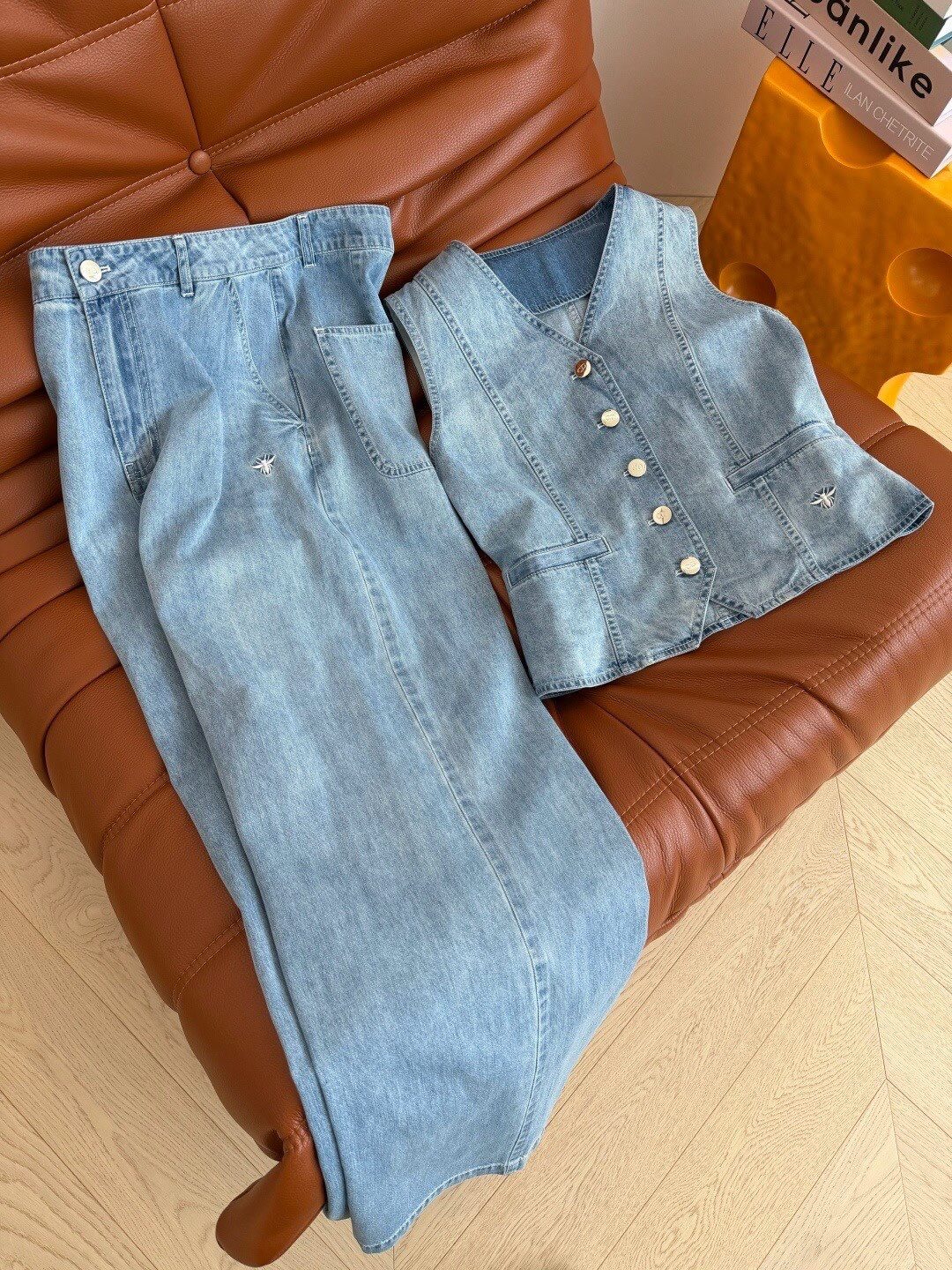 Embroidery Denim Vest Wide Leg Pant Set