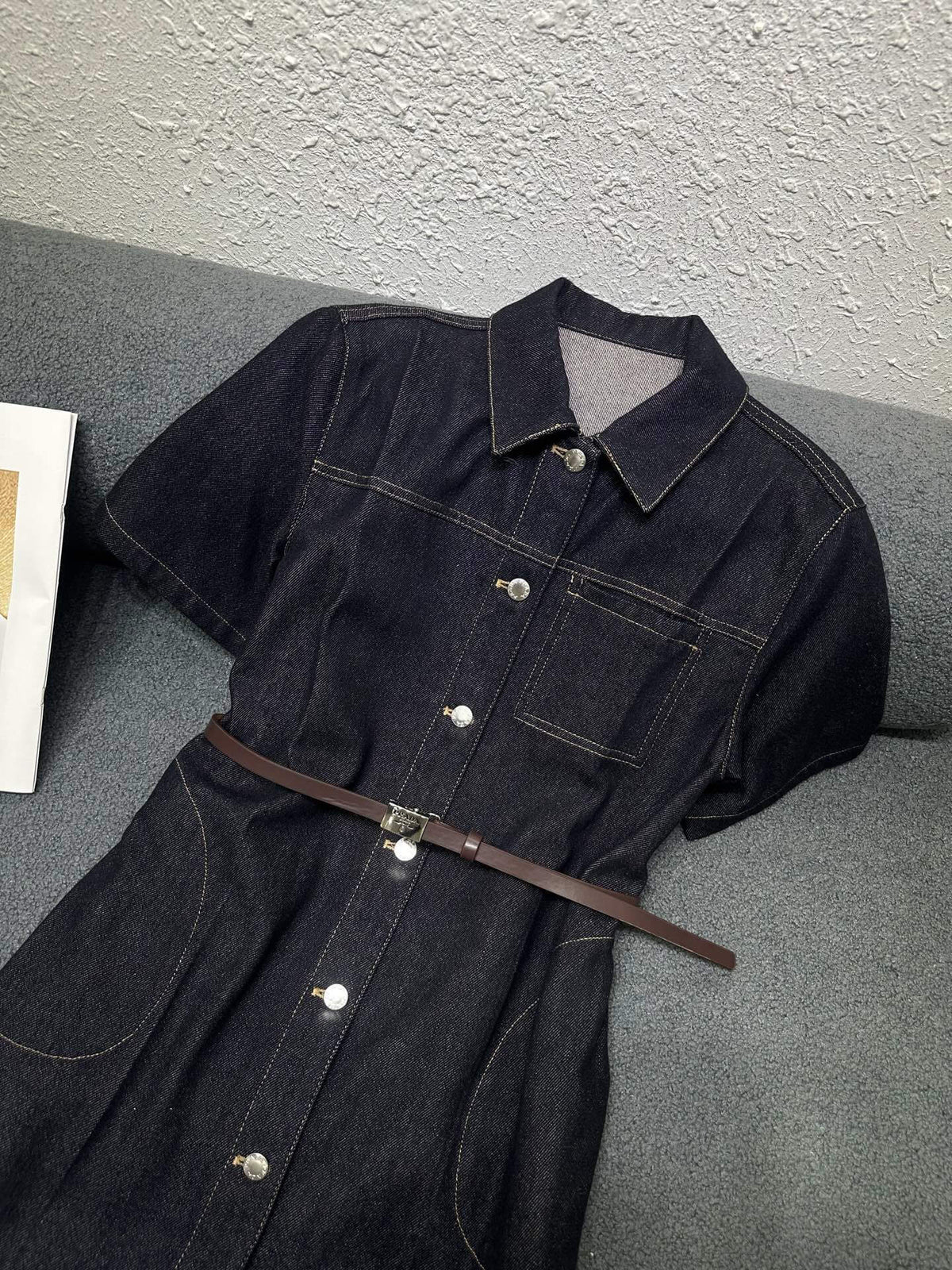 Belted Stitch Detail Denim Shirtdress
