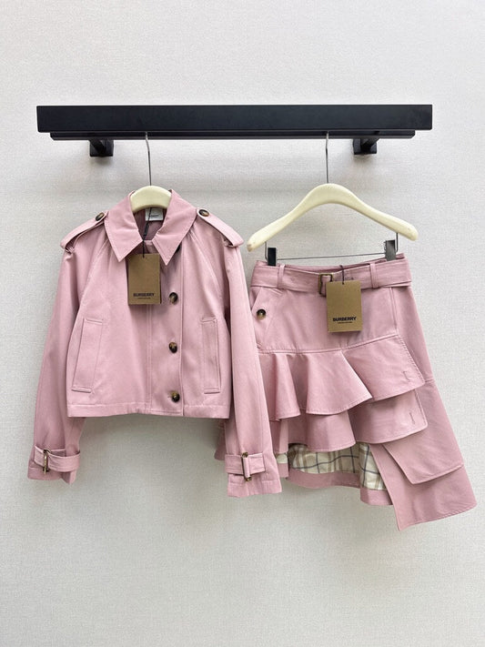 Pink Cropped Trench Asymmetrical Skirt Set