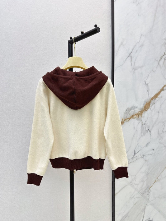 Color Block Zip‑Up Hooded Knit Jacket