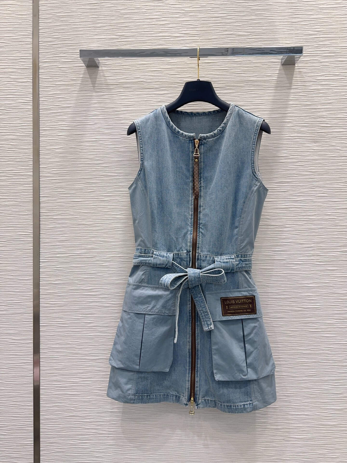 Wash Blue Front Full Zip Tie Waist Dress