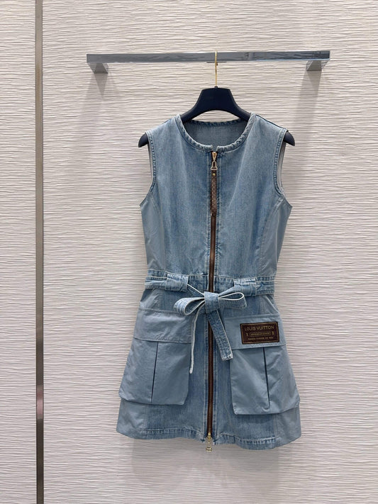 Wash Blue Front Full Zip Tie Waist Dress
