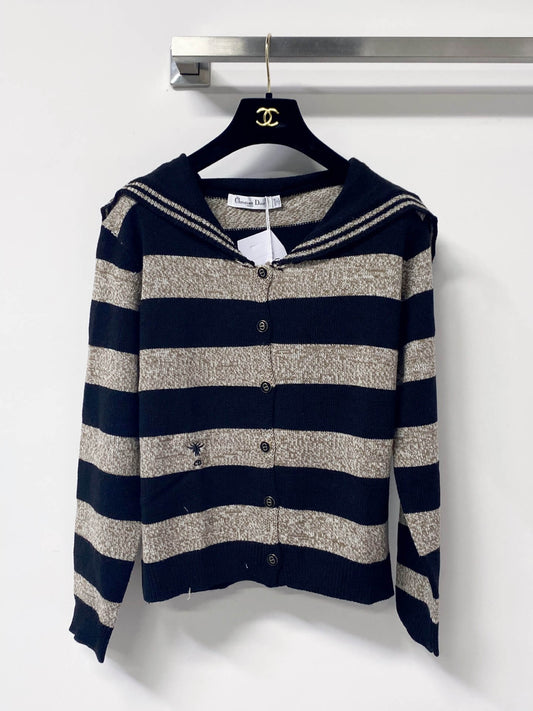 Black Grey Stripe Sailor Collar Cardigan