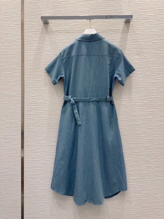 Anagram Embroidery Belted Denim Midi Dress