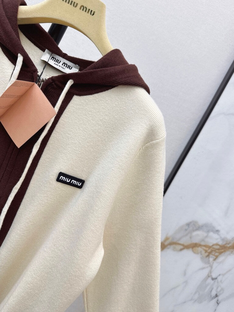 Color Block Zip‑Up Hooded Knit Jacket
