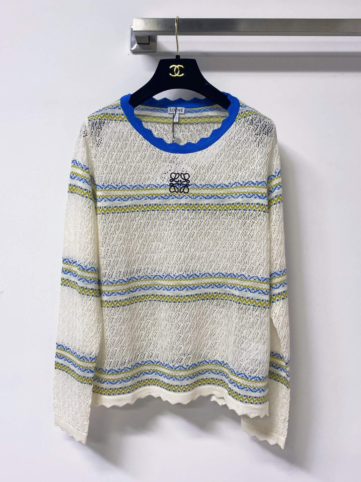 Scallop Neck Striped Hollow Knit Top
