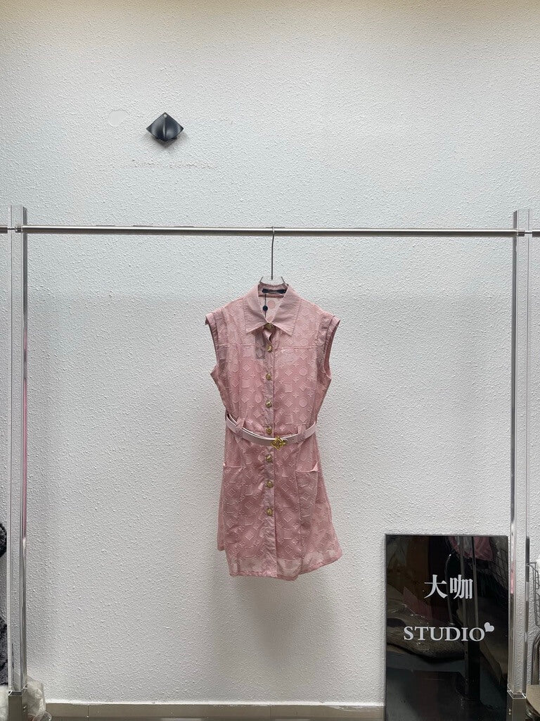 Belted Sleeveless Lace Overlay Dress