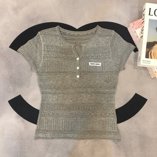 Hollow Stripe Textured Rib Knit Tee