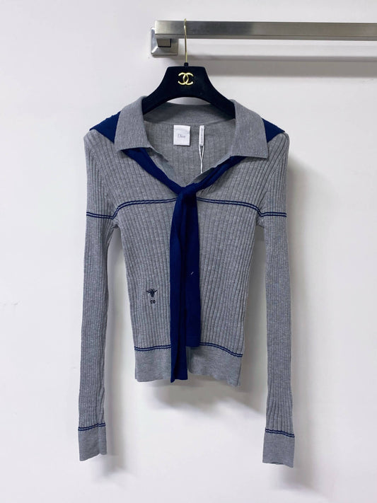 Nautical Tie Shawl Rib Knit Long Sleeve Top