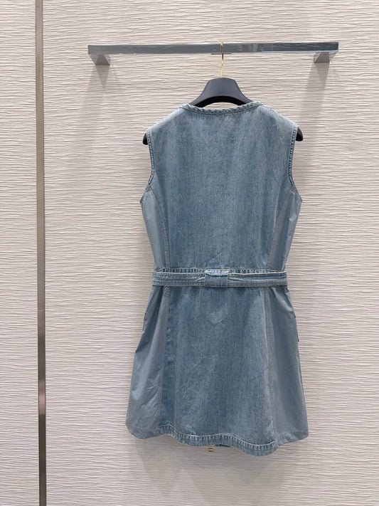 Wash Blue Front Full Zip Tie Waist Dress