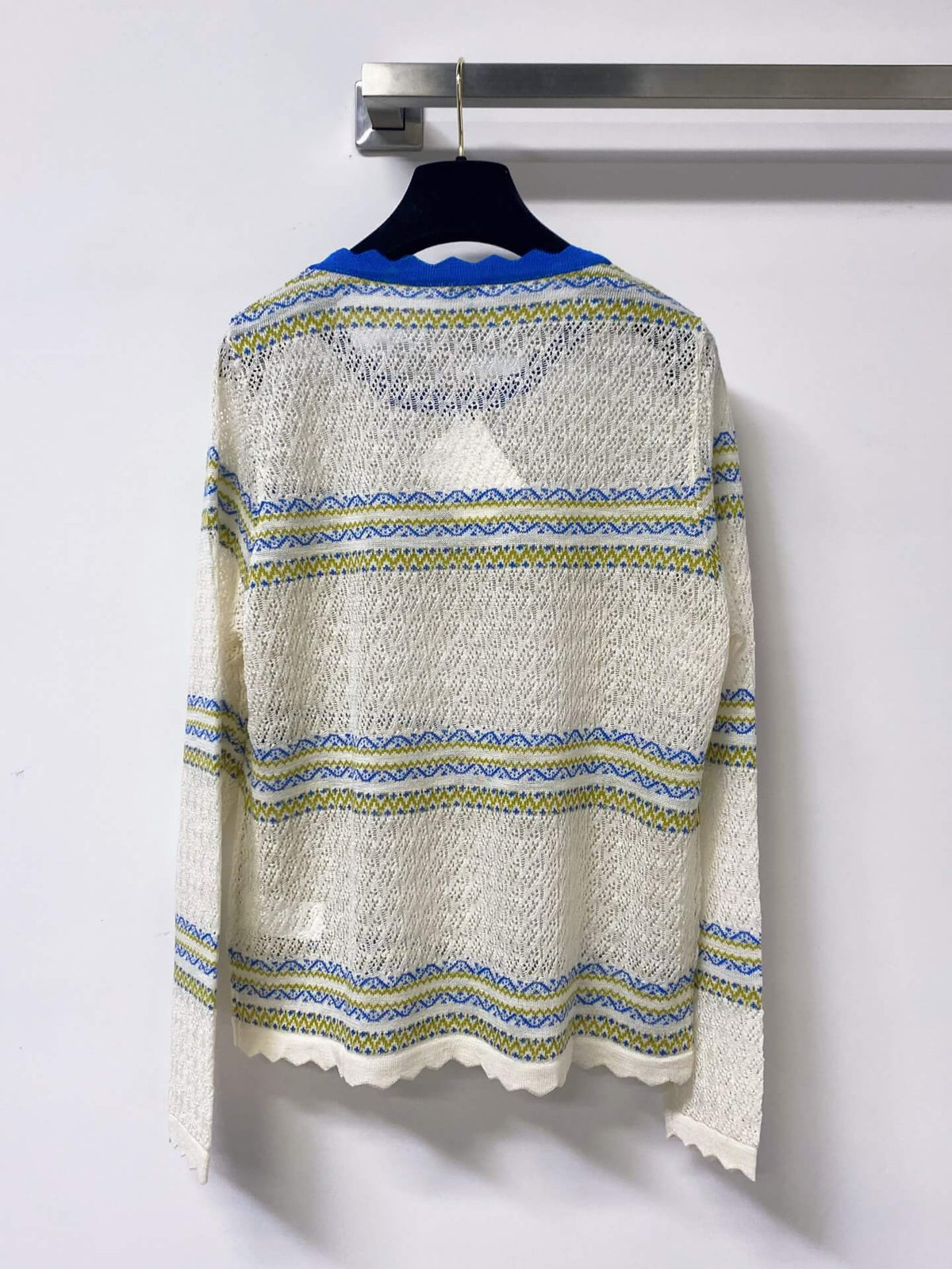 Scallop Neck Striped Hollow Knit Top