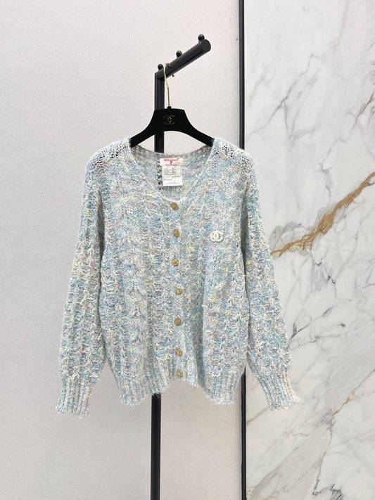Multicolor Mohair V-neck Hollow Knit Cardigan