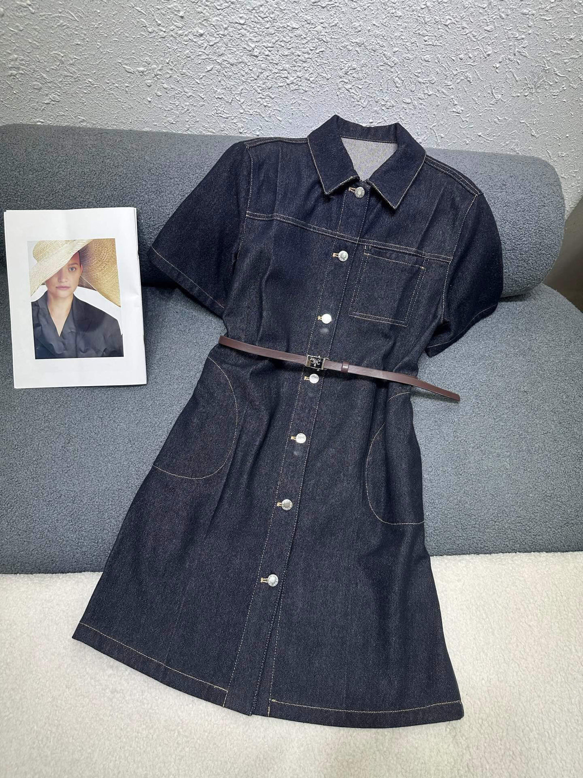 Belted Stitch Detail Denim Shirtdress